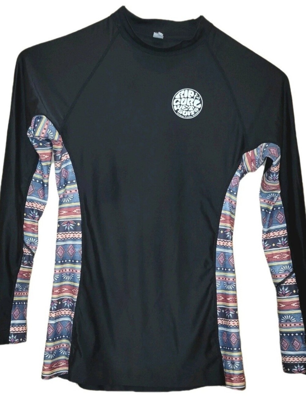 Rip Curl Women’s MEDIUM Black Aztec Tribal Print Long Sleeve Rashguard UPF